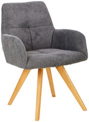 Grauer Armlehnstuhl mit Holzbeinen, seitliche Perspektive