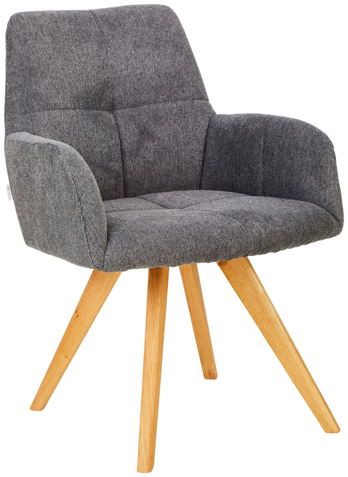 Grauer Armlehnstuhl mit Holzbeinen, seitliche Perspektive