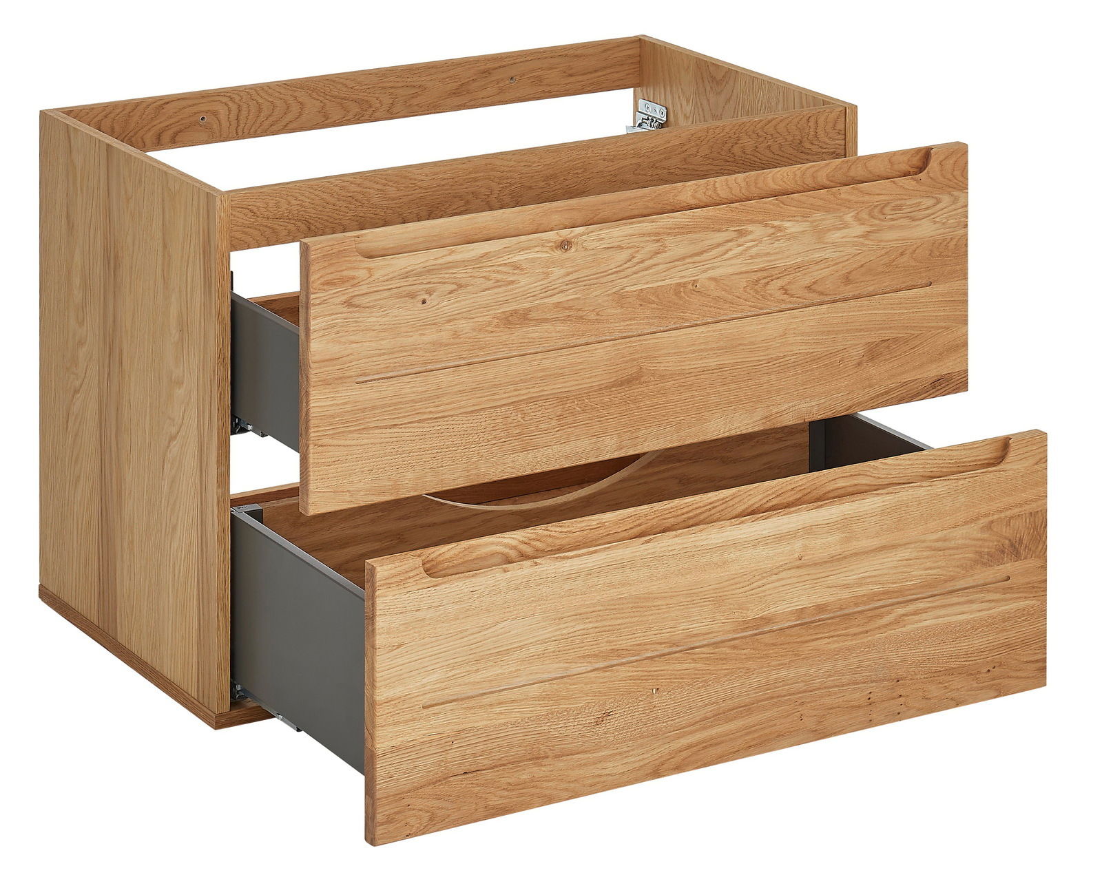 Waschtischunterschrank aus Holz mit zwei offenen Schubladen, seitliche Perspektive