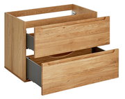Waschtischunterschrank aus Holz mit zwei offenen Schubladen, seitliche Perspektive