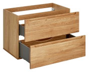 Waschtischunterschrank aus Holz mit zwei offenen Schubladen, seitliche Perspektive