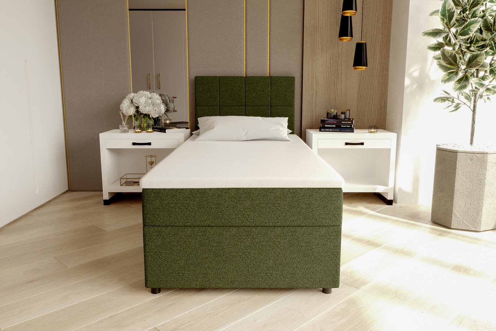 Modernes Einzelbett mit grün gepolstertem Kopf- und Fußteil sowie weißer Matratze, frontal in leichter Untersicht im Schlafzimmer zwischen zwei weißen Nachttischen fotografiert.