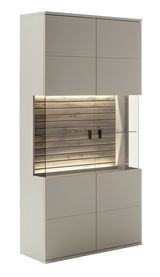 Kombi-Vitrine in moderner Frontansicht mit Holzrückwand und integrierter Beleuchtung.