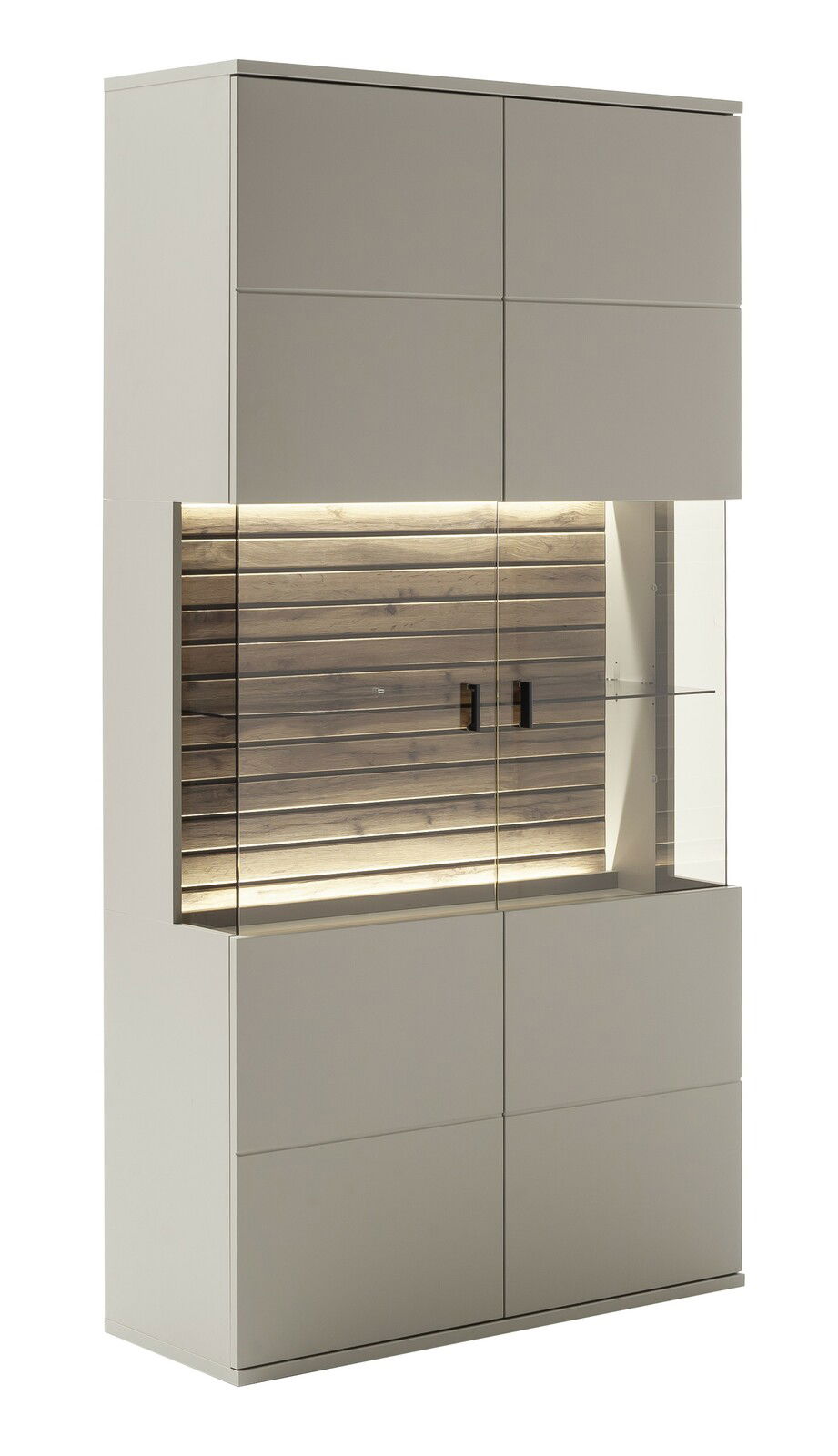 Zurbrüggen Kombi-Vitrine LÜTTICH Kombi-Vitrine in moderner Frontansicht mit Holzrückwand und integrierter Beleuchtung.