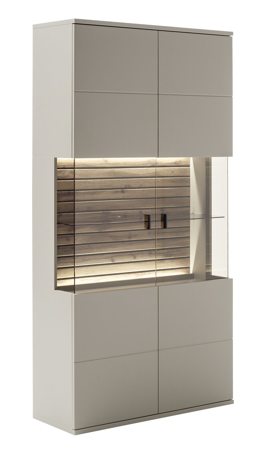 Zurbrüggen Kombi-Vitrine LÜTTICH Kombi-Vitrine in moderner Frontansicht mit Holzrückwand und integrierter Beleuchtung.