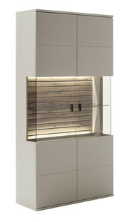 Kombi-Vitrine in moderner Frontansicht mit Holzrückwand und integrierter Beleuchtung.