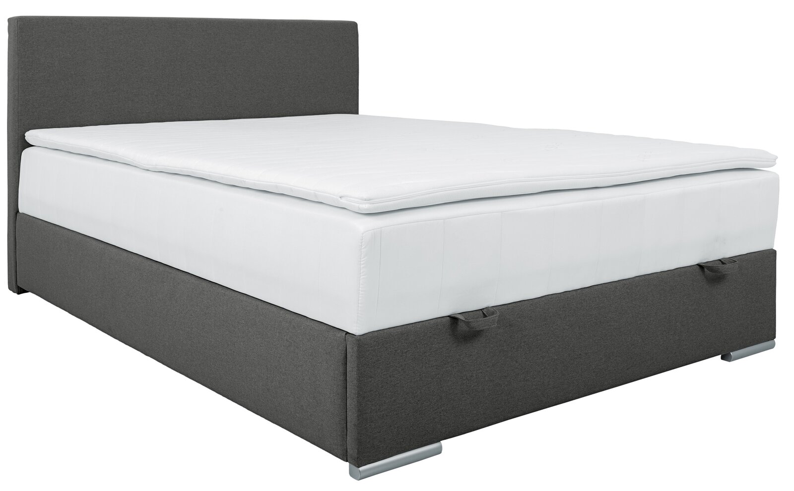 Boxbett 140 in grauem Stoff mit weißer Matratze, seitliche Perspektive