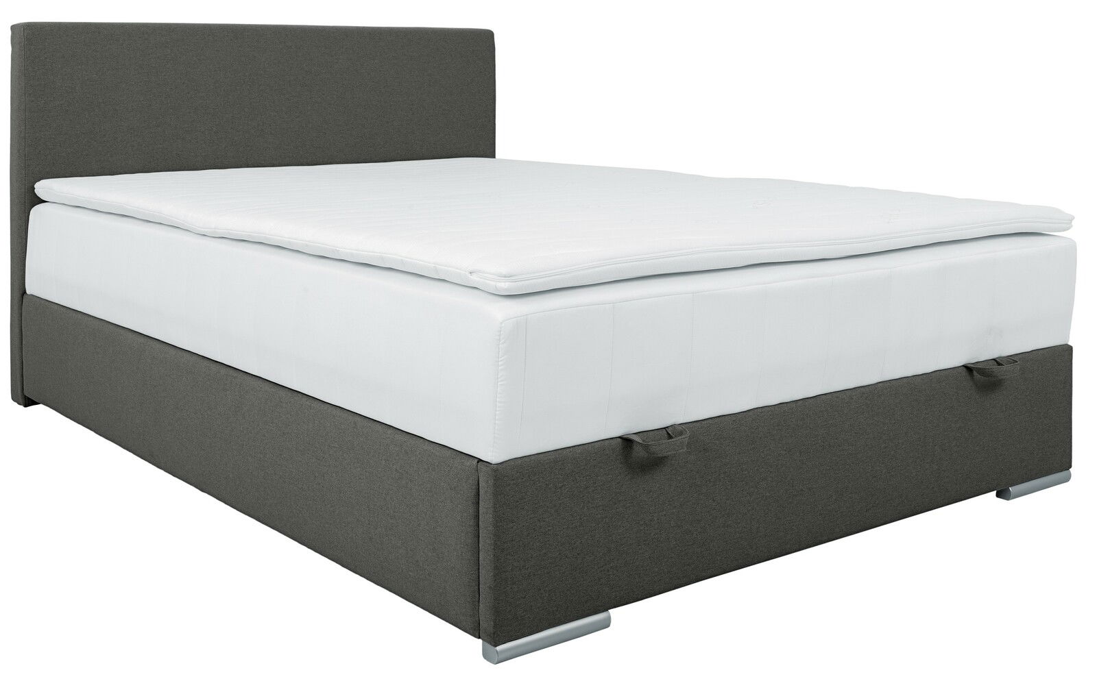 Boxbett 140 in grauem Stoff mit weißer Matratze, seitliche Perspektive