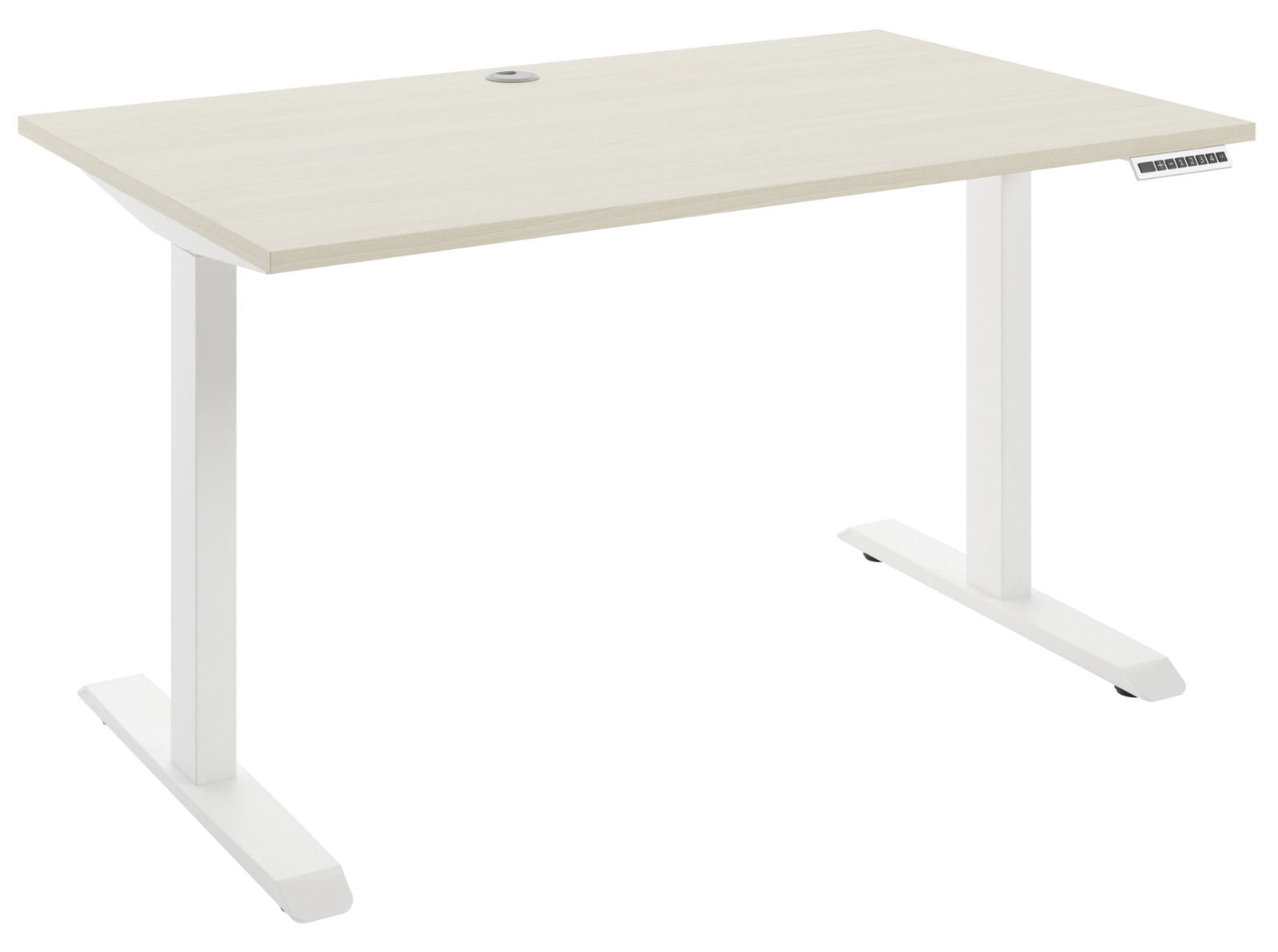 Moderner E-Schreibtisch mit weißem Gestell und heller Holzplatte, seitliche Perspektive