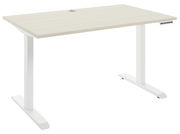 Moderner E-Schreibtisch mit weißem Gestell und heller Holzplatte, seitliche Perspektive