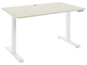Moderner E-Schreibtisch mit weißem Gestell und heller Holzplatte, seitliche Perspektive