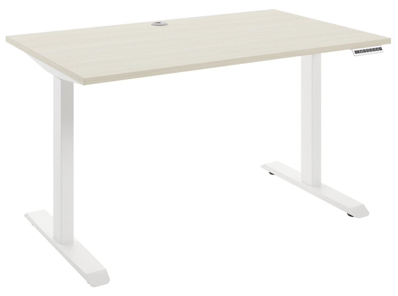 Moderner E-Schreibtisch mit weißem Gestell und heller Holzplatte, seitliche Perspektive