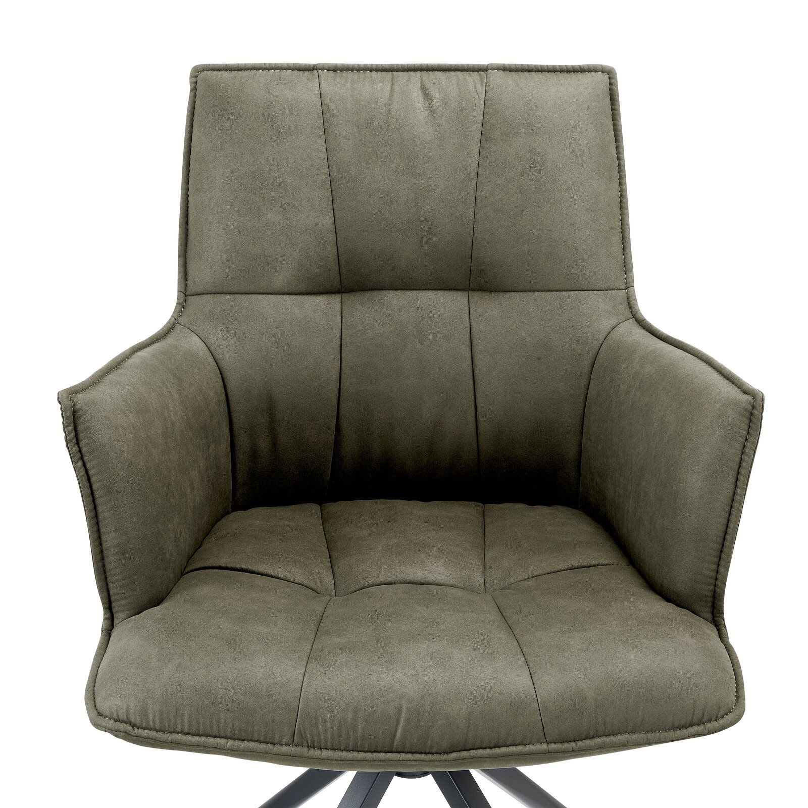 Bequemer Sessel in olivgrüner Farbe, Vorderansicht