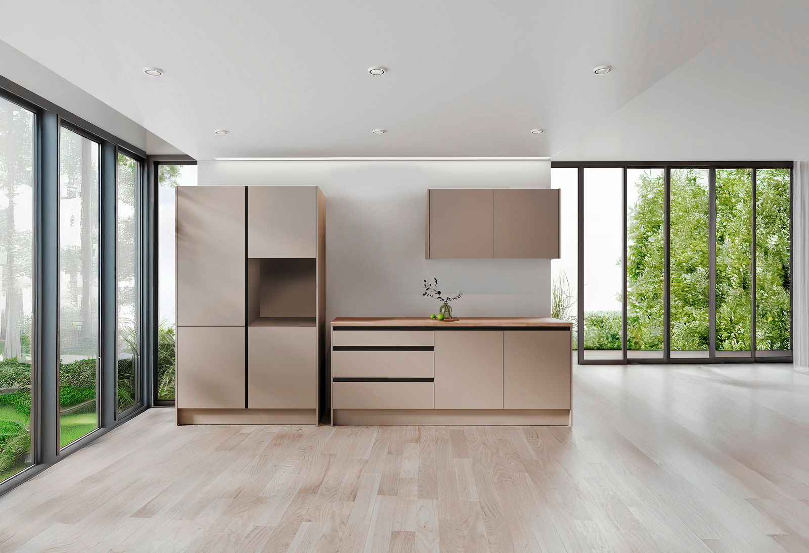 Moderner Küchenblock ohne Elektrogeräte in einer hellen, geräumigen Küche mit großen Fenstern und Blick ins Grüne, Frontalansicht.