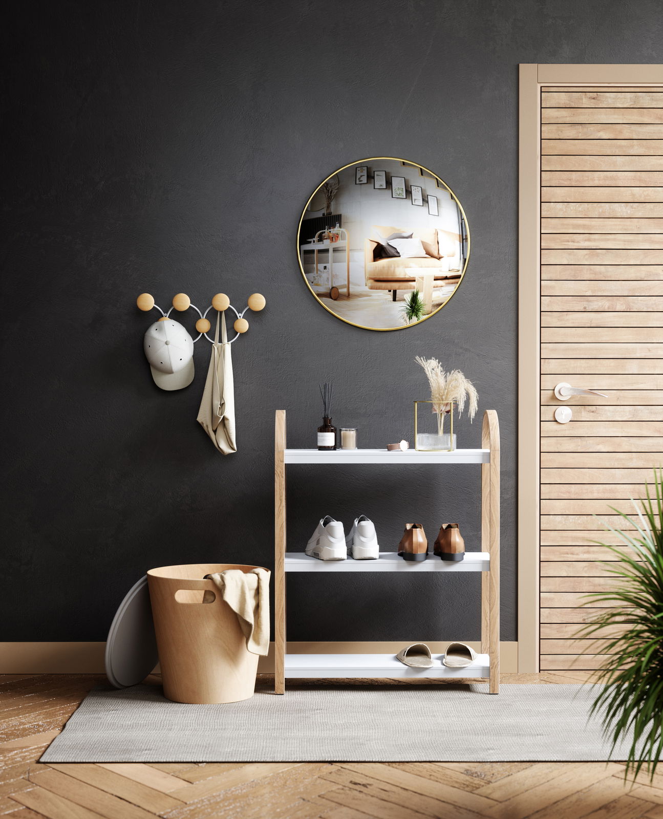 Moderne Wandgarderobe mit runden Haken, an der eine Mütze und ein Tuch hängen, in einem stilvoll eingerichteten Raum mit dunkler Wand und Holzdetails, aus frontaler Perspektive.