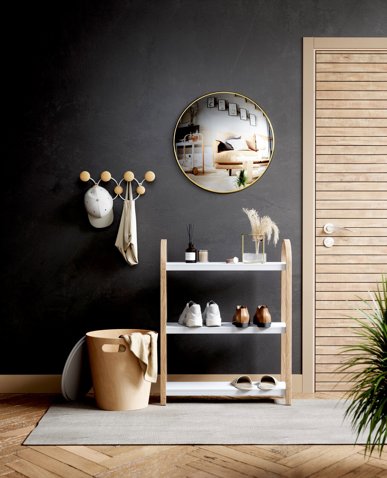 Moderne Wandgarderobe mit runden Haken, an der eine Mütze und ein Tuch hängen, in einem stilvoll eingerichteten Raum mit dunkler Wand und Holzdetails, aus frontaler Perspektive.