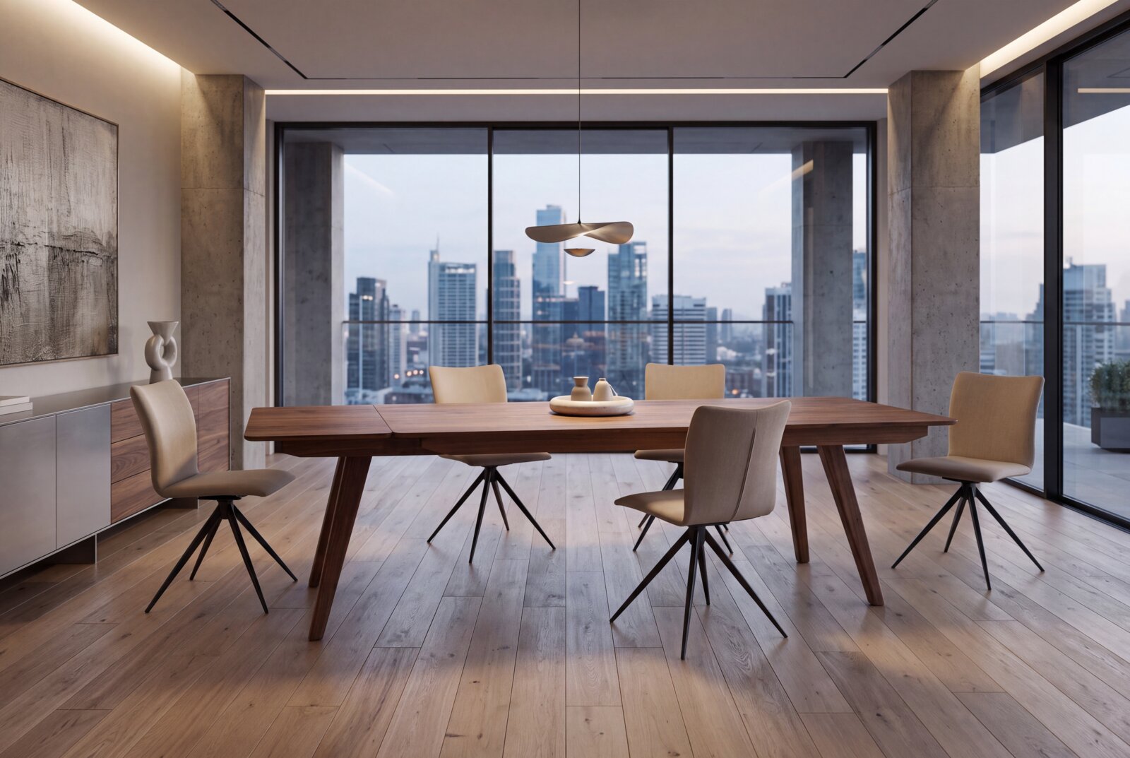 Moderne houten eettafel met beige gestoffeerde stoelen in een lichte design-eetkamer met grote ramen en uitzicht op de skyline, gefotografeerd in frontaal perspectief op ooghoogte.