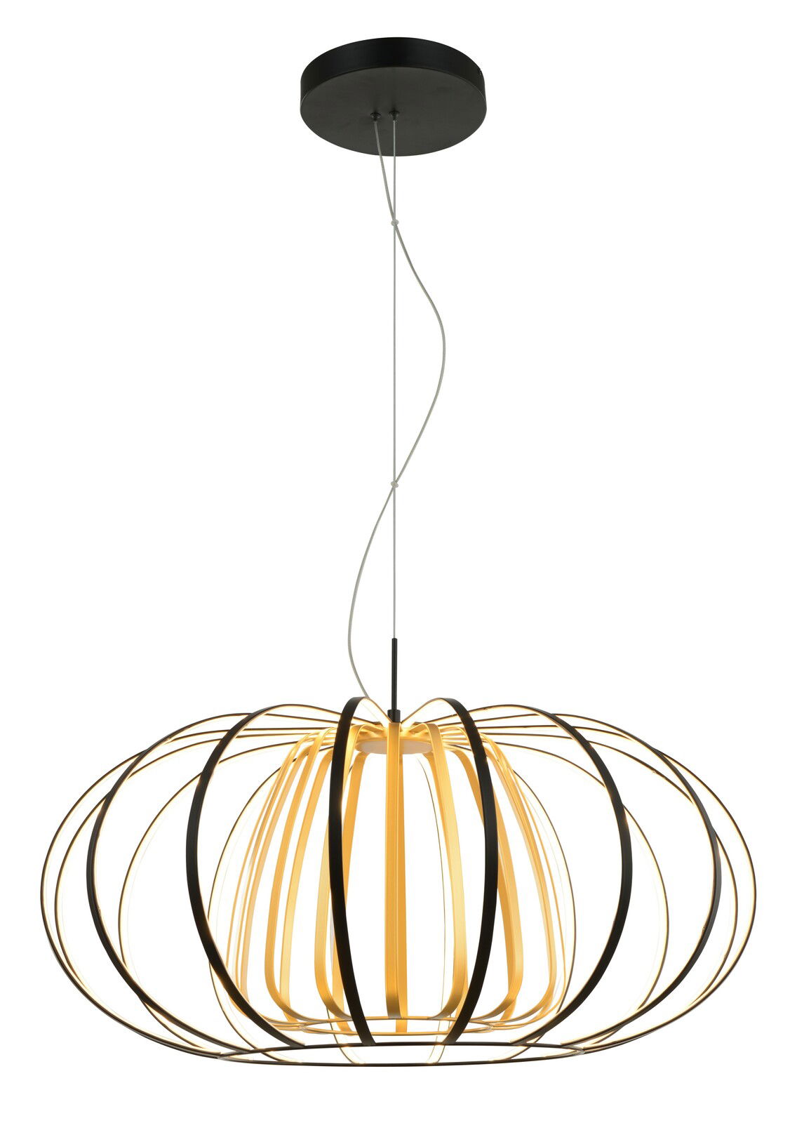 Moderne LED-Pendelleuchte mit schwarzem Baldachin und dekorativem, kugelförmigem Lampenschirm aus goldenen und schwarzen Streben, seitliche Perspektive.