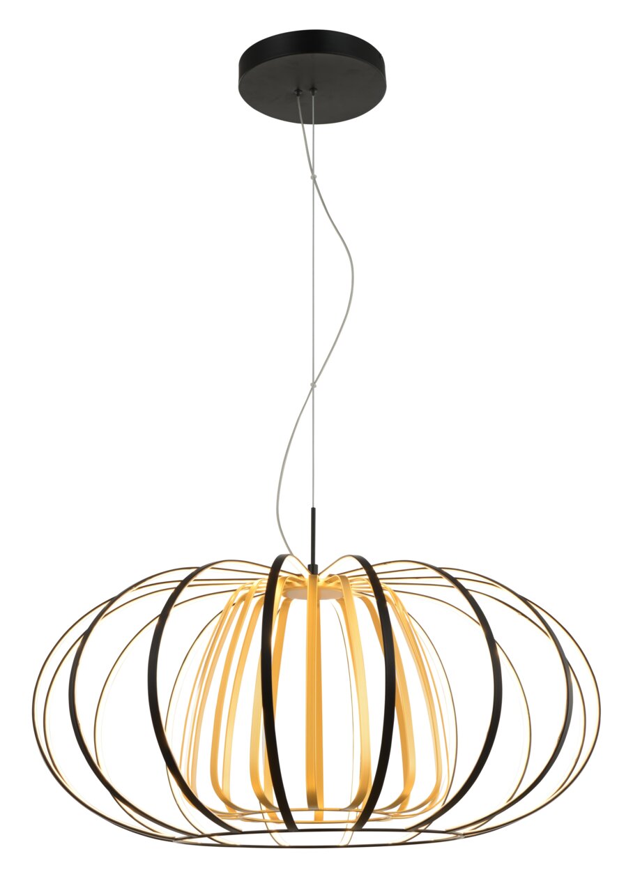 Moderne LED-Pendelleuchte mit schwarzem Baldachin und dekorativem, kugelförmigem Lampenschirm aus goldenen und schwarzen Streben, seitliche Perspektive.