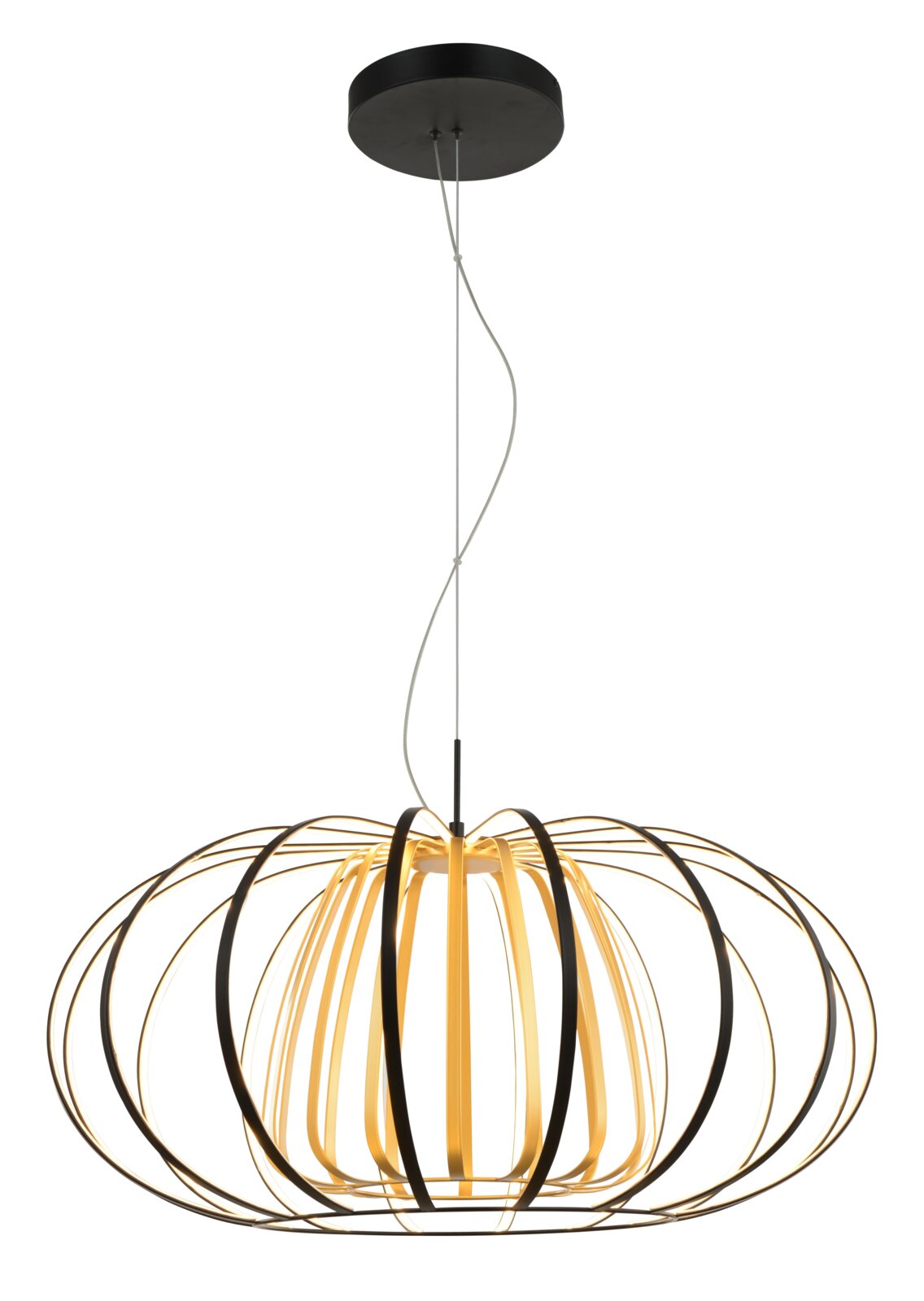 Moderne LED-hanglamp met zwarte kap en decoratieve, bolvormige lampenkap van gouden en zwarte spanten, gezien vanaf de zijkant.