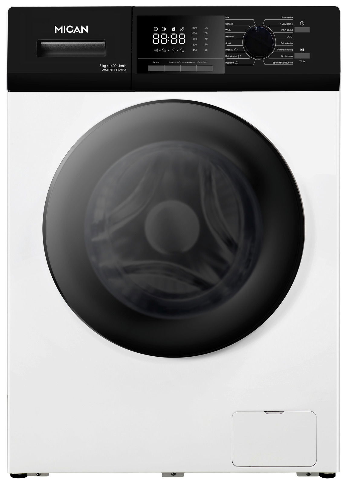 Frontansicht einer modernen Stand-Waschmaschine mit digitalem Display und großer runder Tür.