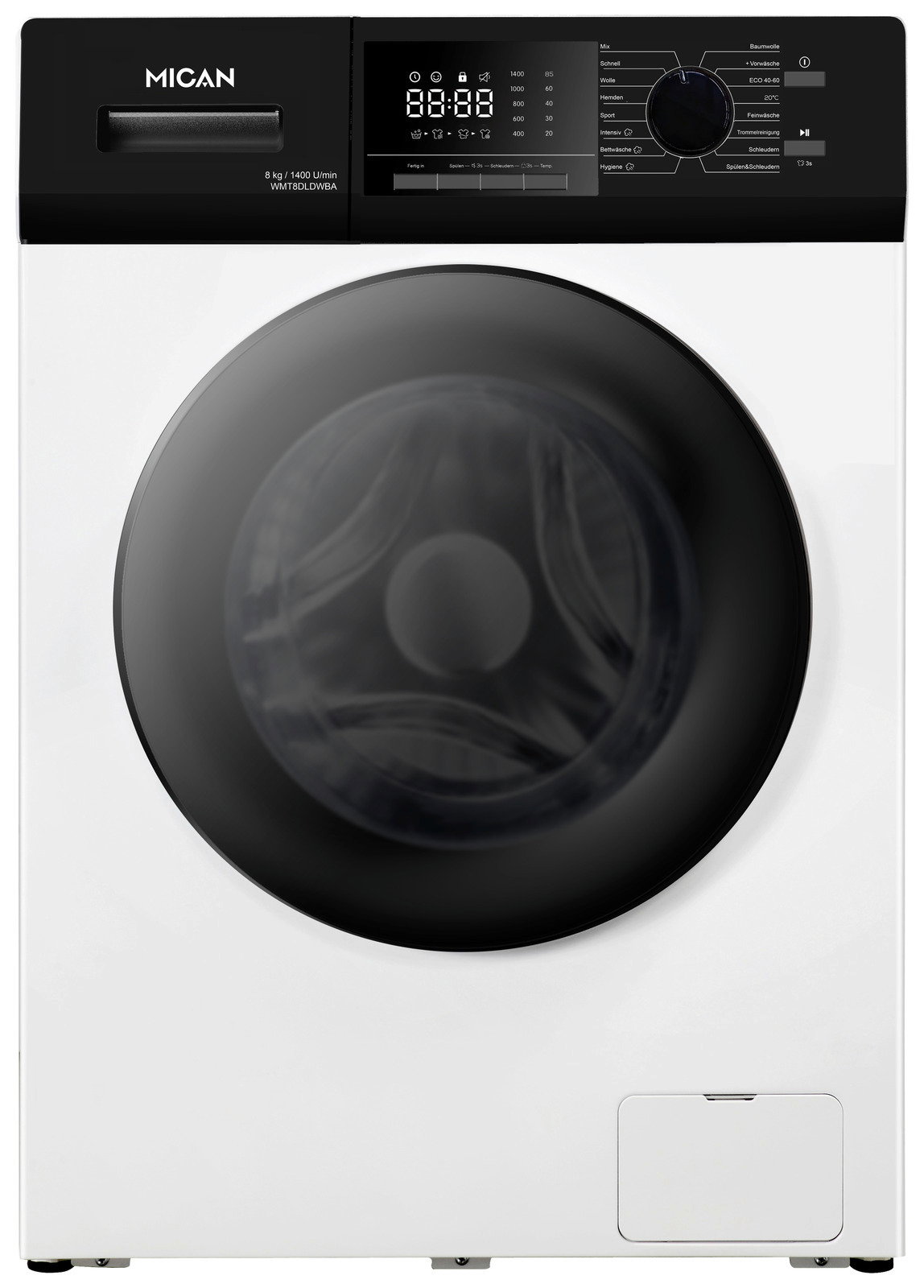 Frontansicht einer modernen Stand-Waschmaschine mit digitalem Display und großer runder Tür.