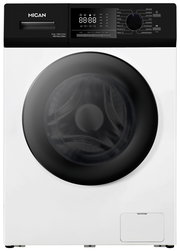 Frontansicht einer modernen Stand-Waschmaschine mit digitalem Display und großer runder Tür.