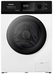 Frontansicht einer modernen Stand-Waschmaschine mit digitalem Display und großer runder Tür.