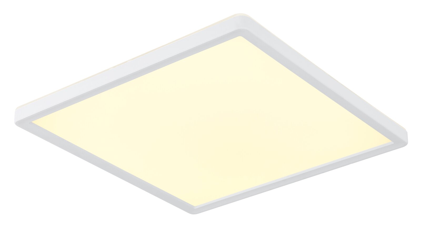 Quadratische LED-Deckenleuchte mit weißem Rahmen und warmweiß leuchtender, flacher Diffusorfläche, freigestellt auf weißem Hintergrund, schräg von unten in Perspektive (3/4-Ansicht) gezeigt.