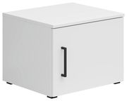 Weißer Aufsatzschrank mit schwarzem Griff, perspektivisch von vorne links gesehen.