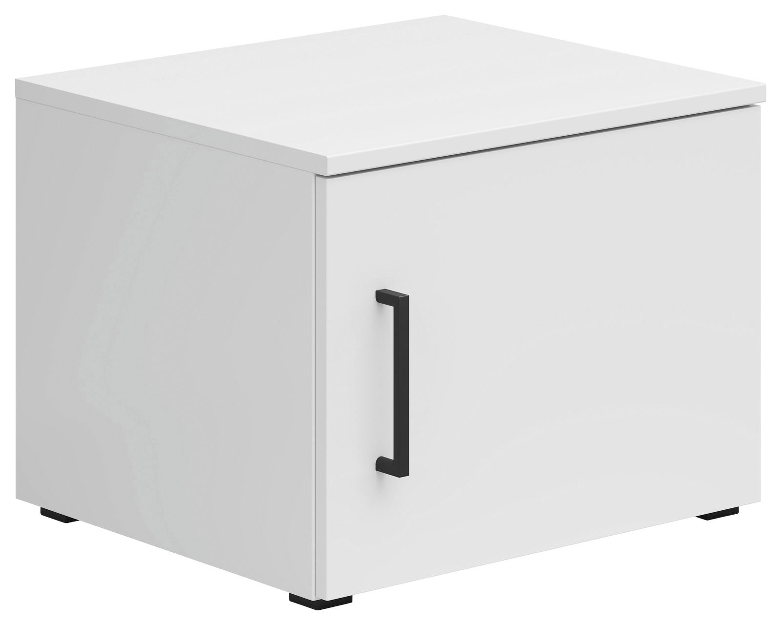 Weißer Aufsatzschrank mit schwarzem Griff, perspektivisch von vorne links gesehen.