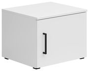 Weißer Aufsatzschrank mit schwarzem Griff, perspektivisch von vorne links gesehen.