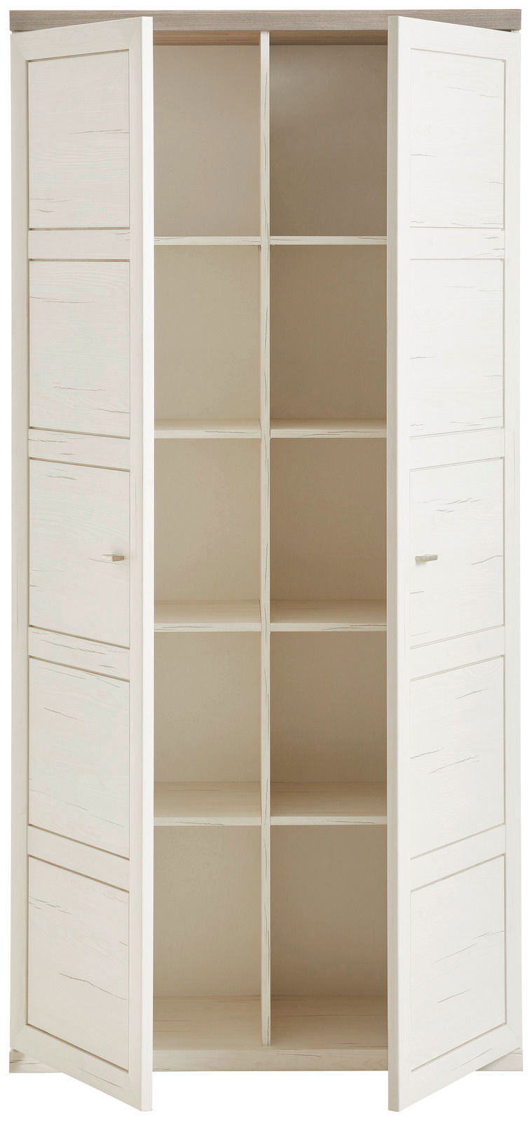 Offener Aktenschrank 5OH breit mit zwei Türen, die nach außen geöffnet sind, und mehreren Regalfächern, frontal betrachtet.