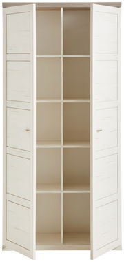 Offener Aktenschrank 5OH breit mit zwei Türen, die nach außen geöffnet sind, und mehreren Regalfächern, frontal betrachtet.