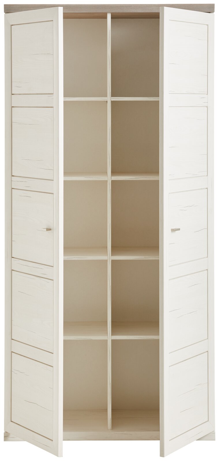 Offener Aktenschrank 5OH breit mit zwei Türen, die nach außen geöffnet sind, und mehreren Regalfächern, frontal betrachtet.