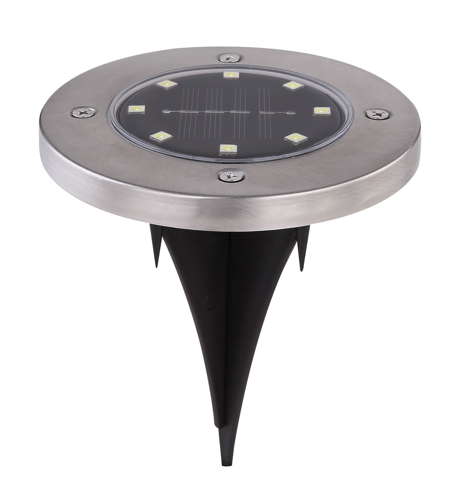 Solarleuchte mit Edelstahlrahmen und Erdspieß, seitliche Perspektive