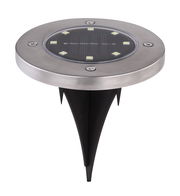 Solarleuchte mit Edelstahlrahmen und Erdspieß, seitliche Perspektive