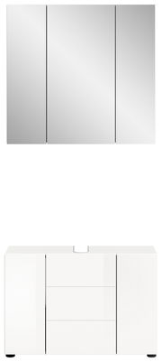 Frontale Ansicht einer modernen Badkombination mit einem dreiteiligen Spiegelschrank oben und einem weißen Unterschrank mit Schubladen und Türen unten.