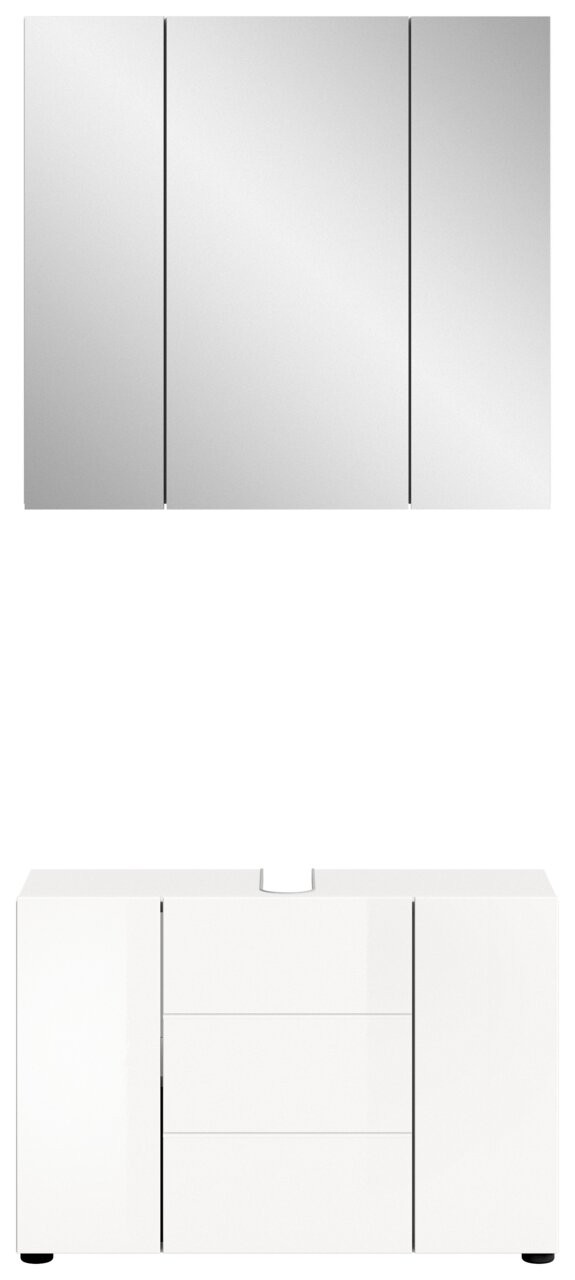 Frontale Ansicht einer modernen Badkombination mit einem dreiteiligen Spiegelschrank oben und einem weißen Unterschrank mit Schubladen und Türen unten.