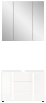 Frontale Ansicht einer modernen Badkombination mit einem dreiteiligen Spiegelschrank oben und einem weißen Unterschrank mit Schubladen und Türen unten.