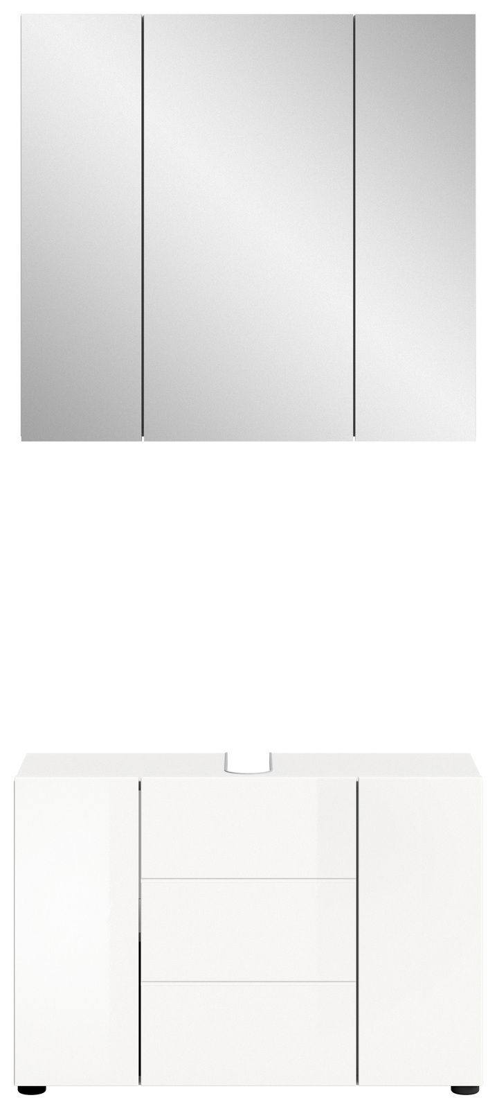 Frontale Ansicht einer modernen Badkombination mit einem dreiteiligen Spiegelschrank oben und einem weißen Unterschrank mit Schubladen und Türen unten.