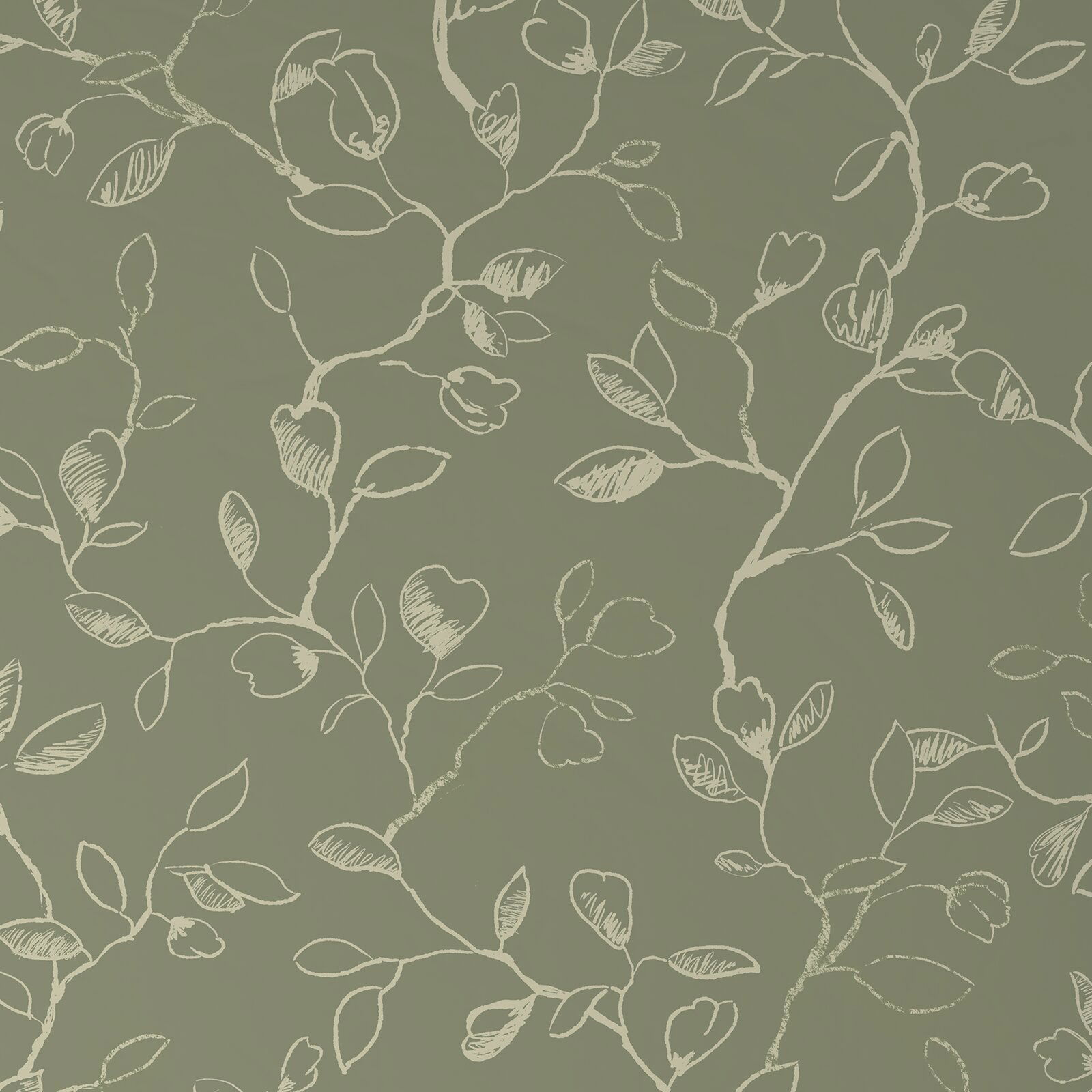 Grüne Bettwäsche mit weißem, skizzenhaftem Blumen- und Blättermuster, Draufsicht