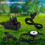 Einbaulicht-Starter-Set mit Netzteil, Kabel und Verbindungsstück, auf einer Wiese präsentiert, Perspektive von oben