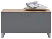 Garderobenbank mit grauer Front und Holzoberfläche, darauf ein Kissen und eine Zeitschrift, frontal betrachtet.