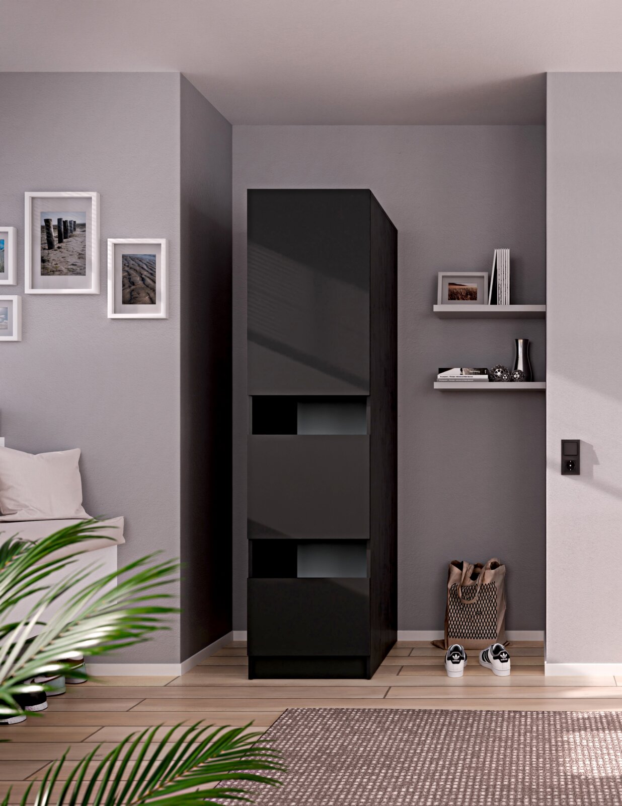 Schmaler, hoher Schuhschrank in Schwarz mit drei Klappfächern und glänzenden Fronten, in einem modernen Flur platziert Perspektive: frontale Ansicht mit leichter Schrägsicht von links.