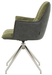 Moderner Sessel mit grünem Stoffbezug und grauer Rückseite, seitliche Perspektive, auf einem stabilen Metallgestell.