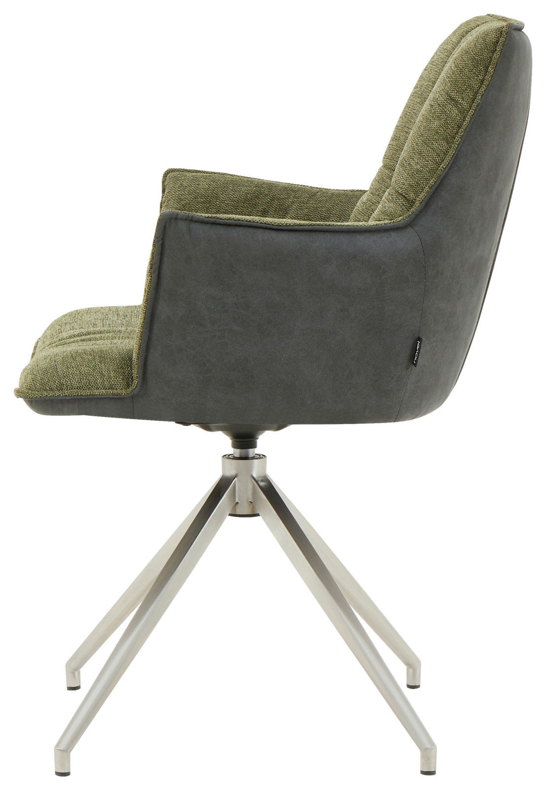 Moderner Sessel mit grünem Stoffbezug und grauer Rückseite, seitliche Perspektive, auf einem stabilen Metallgestell.