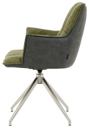 Moderner Sessel mit grünem Stoffbezug und grauer Rückseite, seitliche Perspektive, auf einem stabilen Metallgestell.