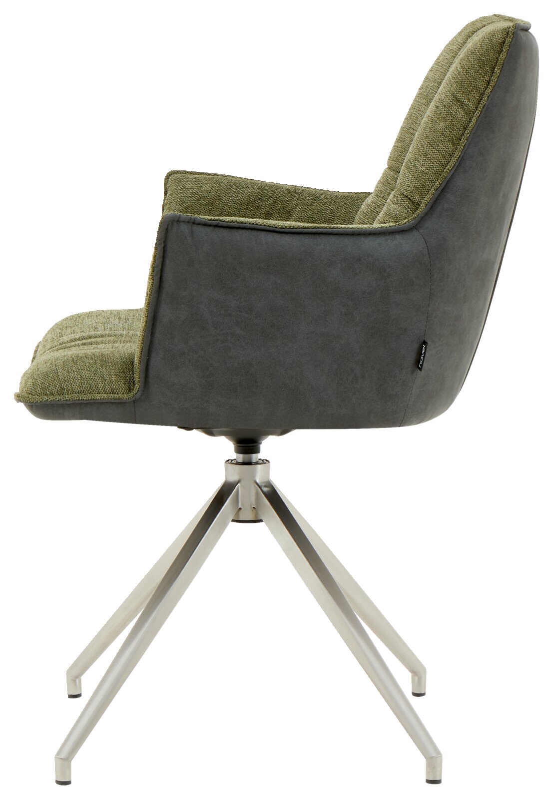 Moderne fauteuil met groene stoffen bekleding en grijze achterkant, gezien vanaf de zijkant, op een stevig metalen onderstel.