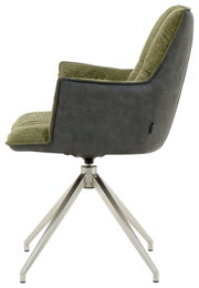 Moderne fauteuil met groene stoffen bekleding en grijze achterkant, gezien vanaf de zijkant, op een stevig metalen onderstel.
